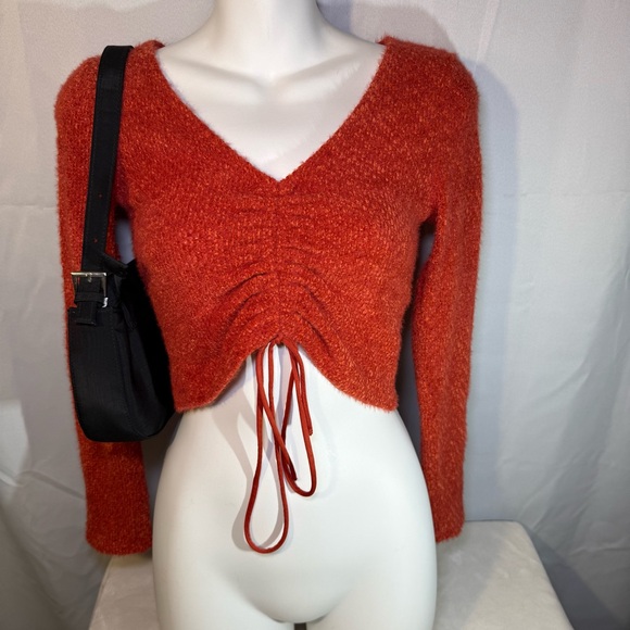 Altar'd State Tops - Altar'd State Fuzzy Knit Ruched Tie Front Crop Top XS Rust Long Sleeve Boho